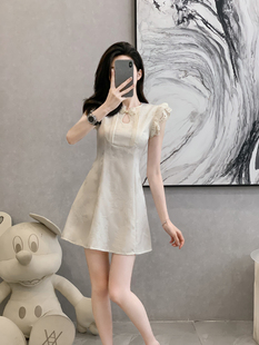 新中式国风飞飞袖提花连衣裙女夏季新款高级感收腰小个子短款裙子