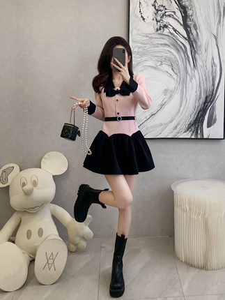 法式娃娃领长袖连衣裙减龄春装新款小香风甜美假两件收腰a字裙子