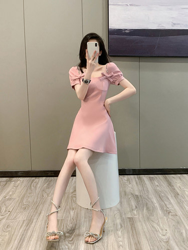 法式a字裙聚酯纤维纯色镶钻