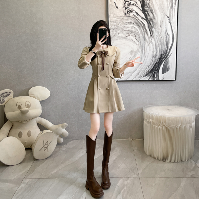 小香风a字裙毛呢纯色双排扣收腰