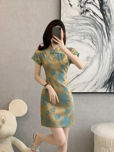 收腰气质连衣裙短款 双色提花复古新中式 别致插肩袖 新款 旗袍女夏季