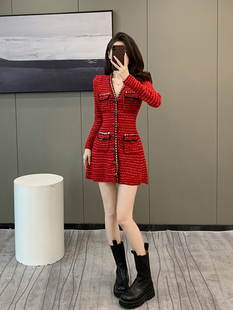 秋冬季新款圣诞新年喜庆红色长袖V领针织开衫连衣裙法式毛衣裙子