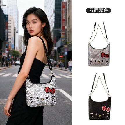 2025新款时尚百搭单肩斜挎包女HelloKitty满钻链条包高级感百搭