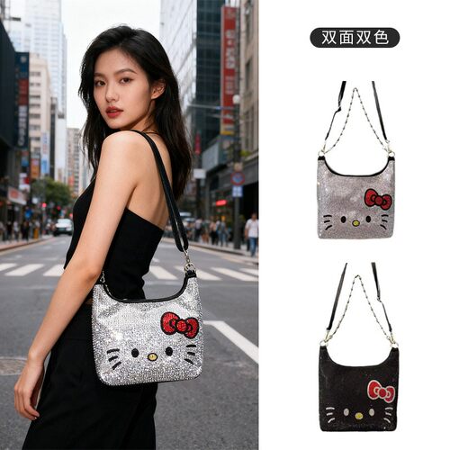 2025新款时尚百搭单肩斜挎包女HelloKitty满钻链条包高级感百搭