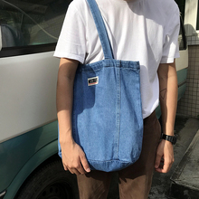 OK日系水洗做旧浅蓝牛仔布单肩手提包男女生帆布包环保复古购物袋