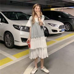 No less than 58 Korean versions of fake two T-shirts with chiffon pleated lotus leaf dress cake skirt 982