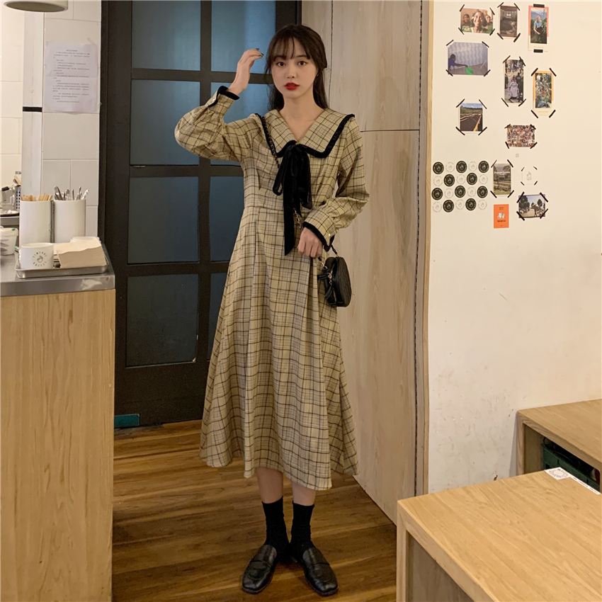 Real shot retro waist slim bow tie Plaid Long Sleeve Dress