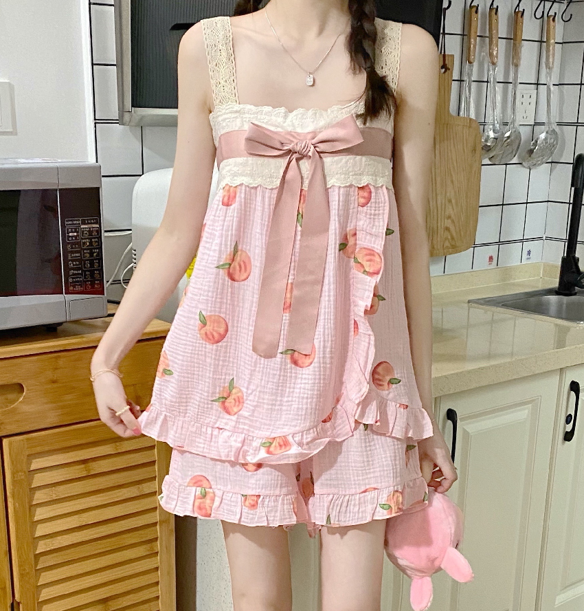 Real auction real price Ruffle bow tie lace stitching home suspender Pajama suit