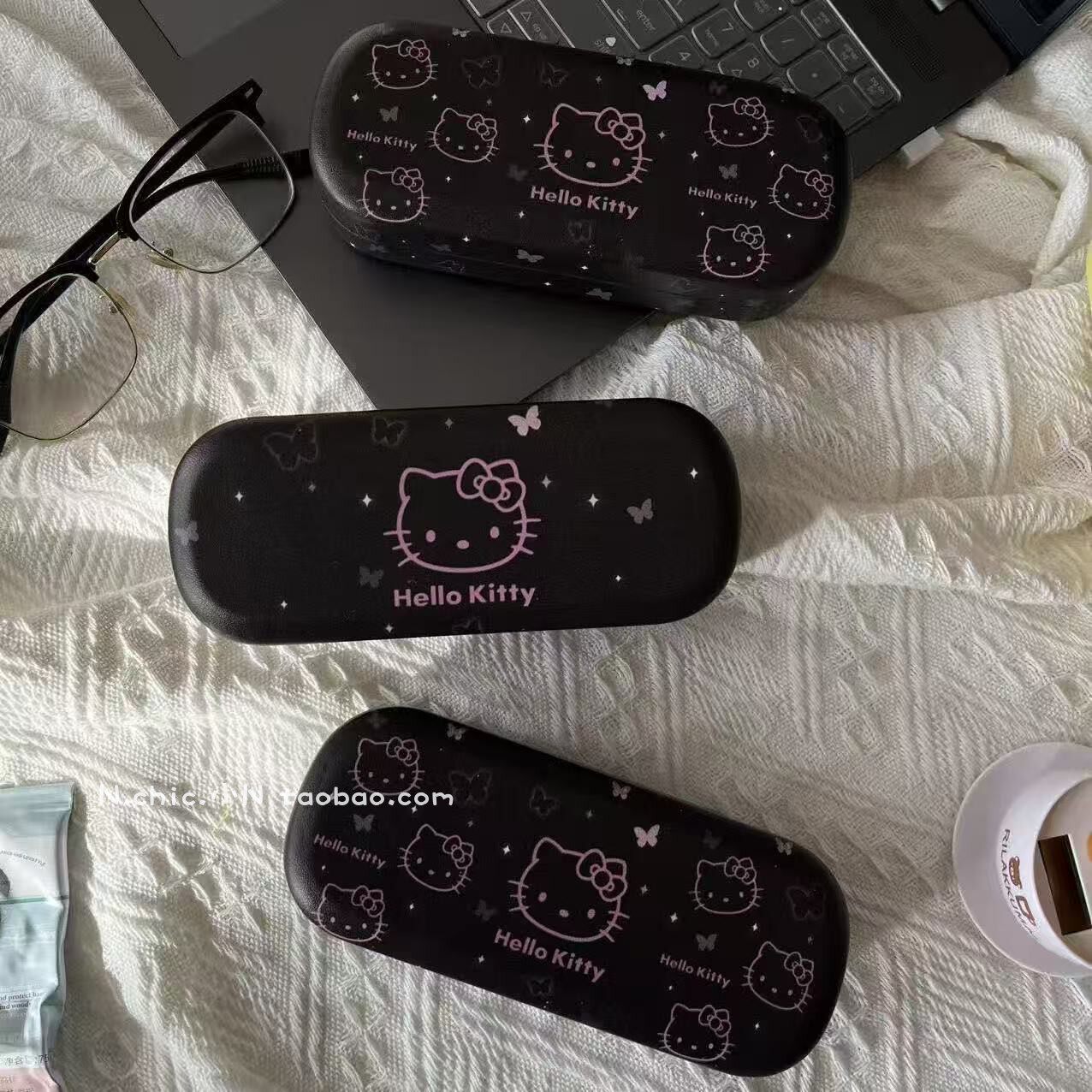 少女心黑粉色Kitty猫眼镜盒便携抗压防摔学生近视眼镜墨镜收纳盒