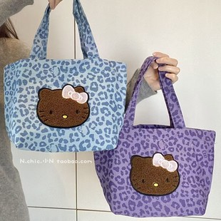 高颜值豹纹KT猫帆布包女手提托特包大容量便携可爱卡通通勤手提包
