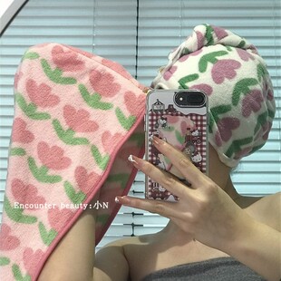 ins韩系碎花郁金香洗澡干发帽双面毛圈超吸水长绒棉卡通洗澡帽子