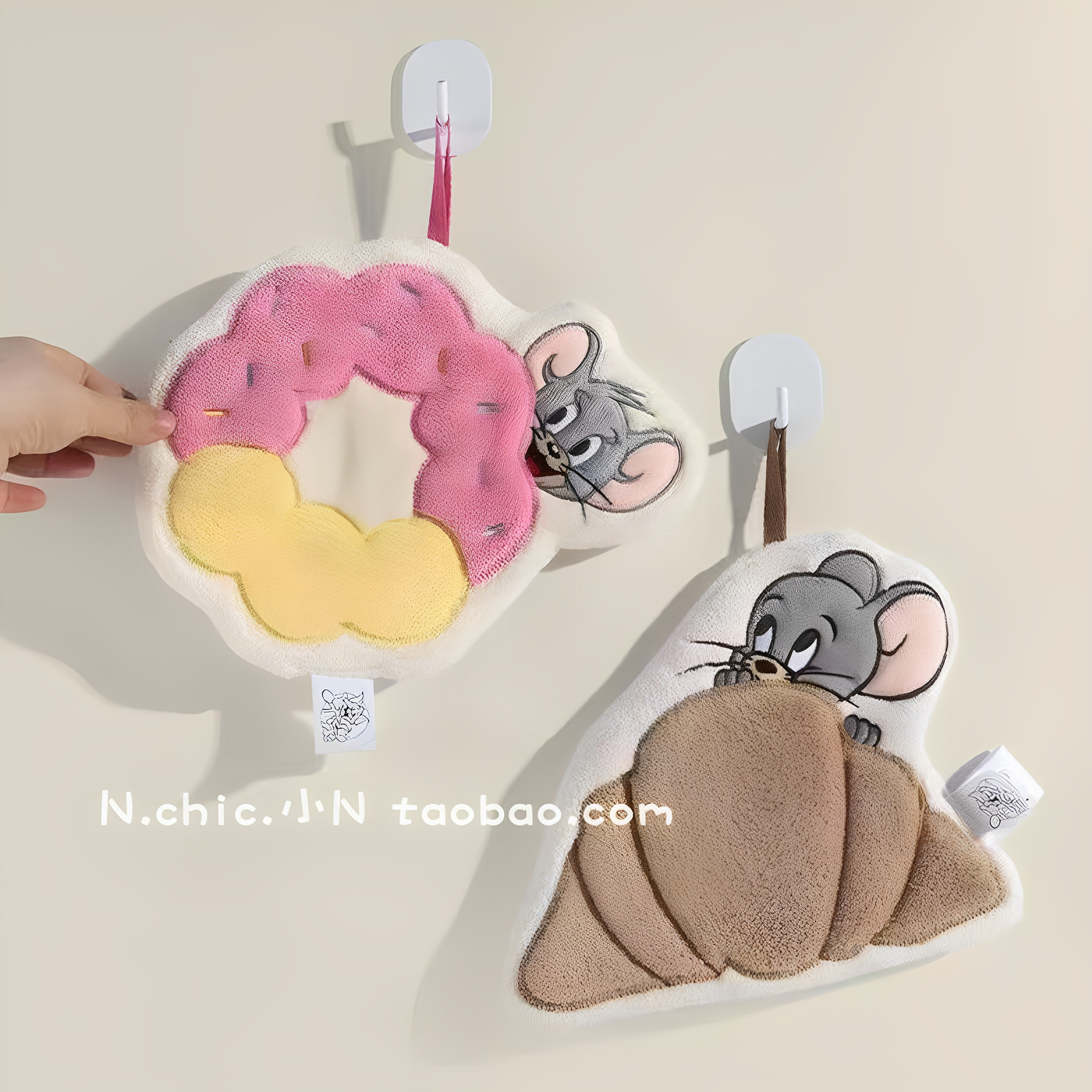 可爱牛角包猫和老鼠挂式擦手巾