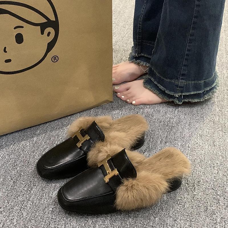 半拖鞋女鞋毛毛鞋高跟包头