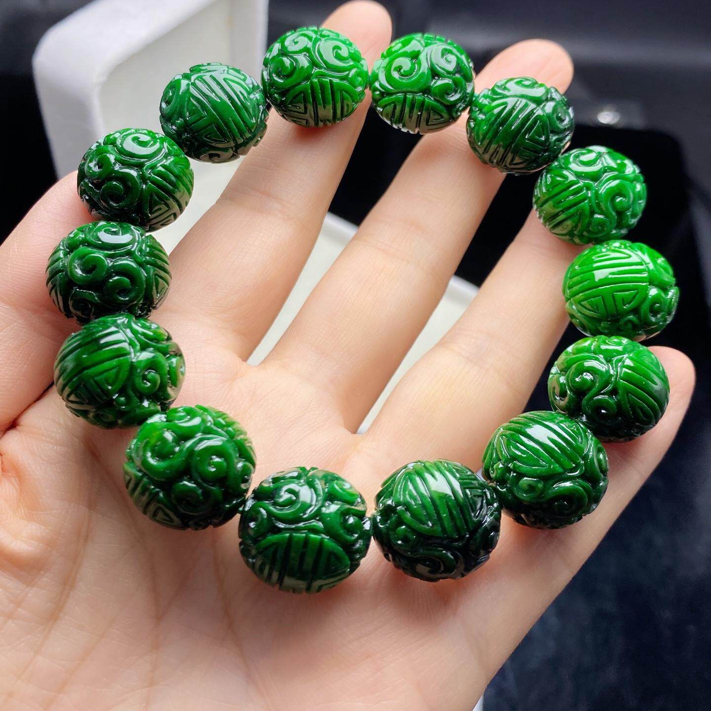 天然a货翡翠满绿雕花干青圆珠子缅甸老坑花青玉石手串辣绿色手链