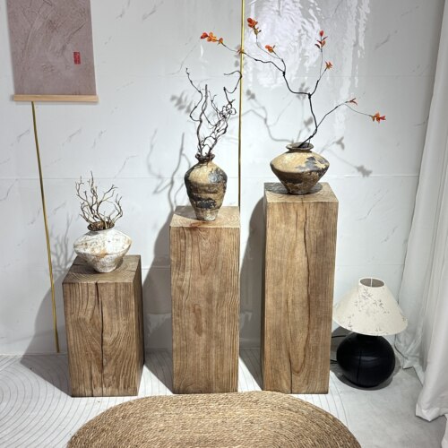 侘寂风实木整切落地根雕花架边几
