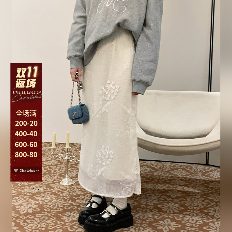 肉完 梦幻美神/冬季法式白色蕾丝半身裙女秋冬长裙小个子时髦裙子