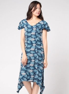 FG1-2夏季【MOUS*Y】2021法式V领后背绑带高腰印花显瘦连衣裙