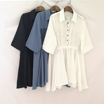 外贸日系蕾丝贴花显瘦纯色衬衫
