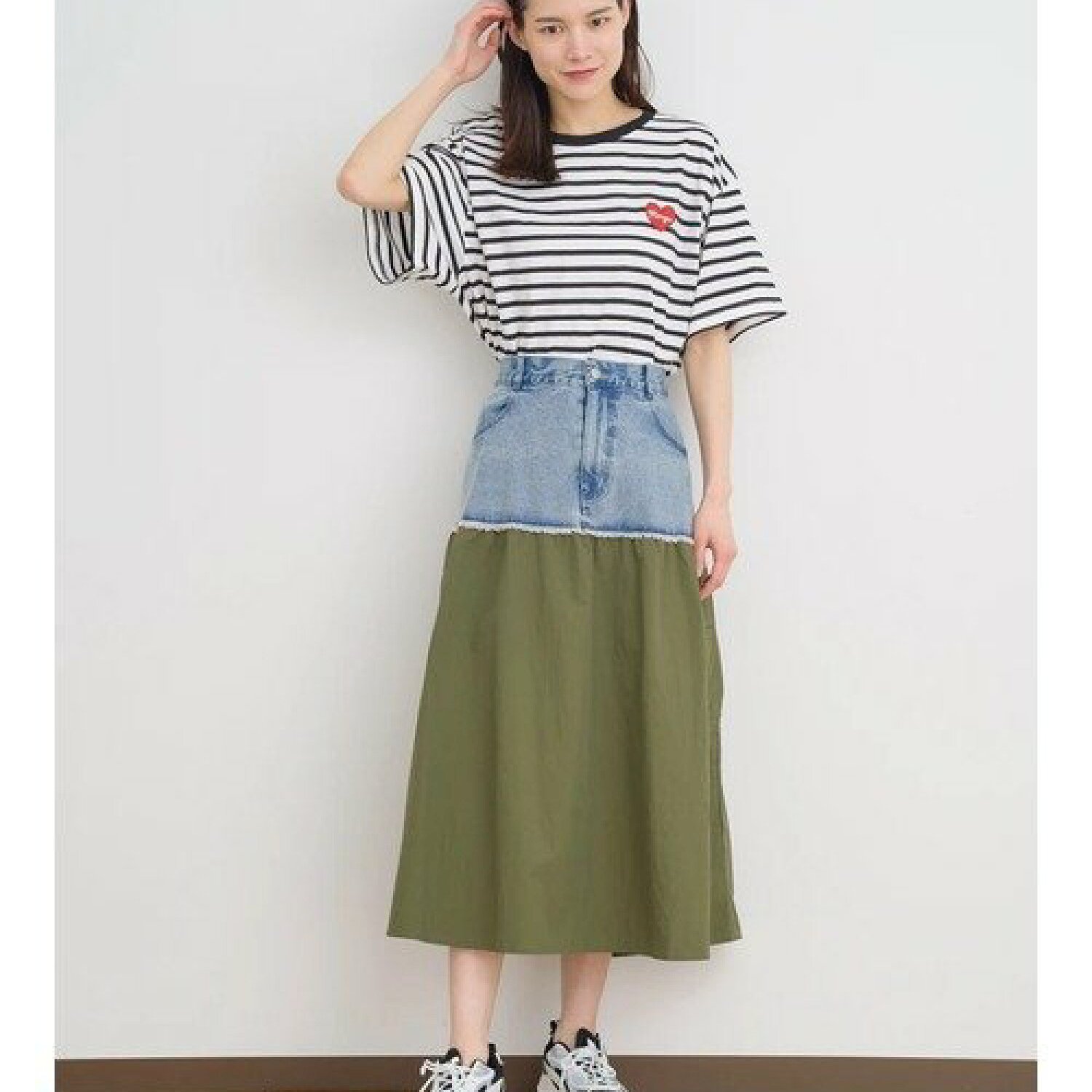 FB3-4日本原单女士牛仔拼接a字裙半身裙