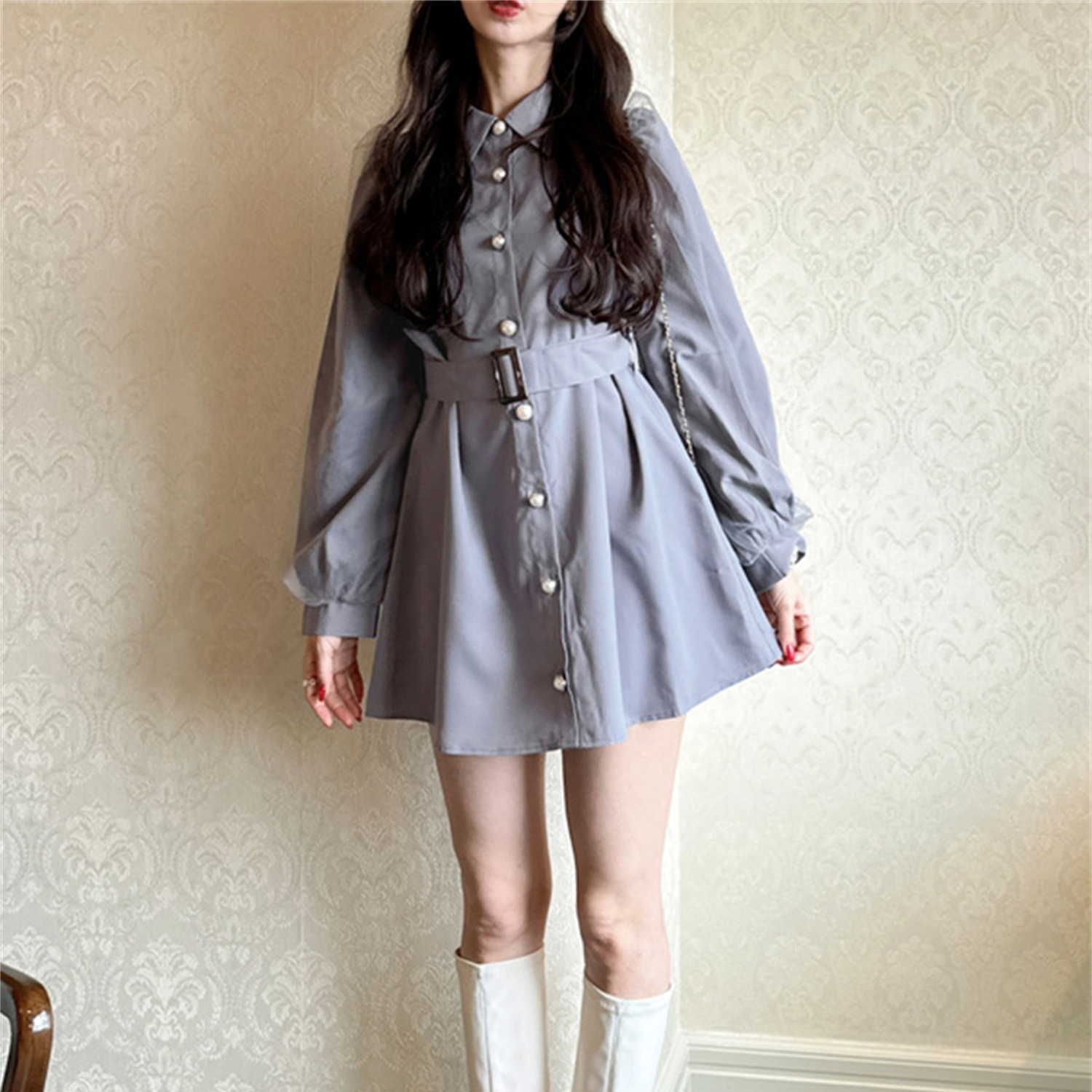 FA2-3日本原单新品甜美个性时尚网纱长袖连衣裙