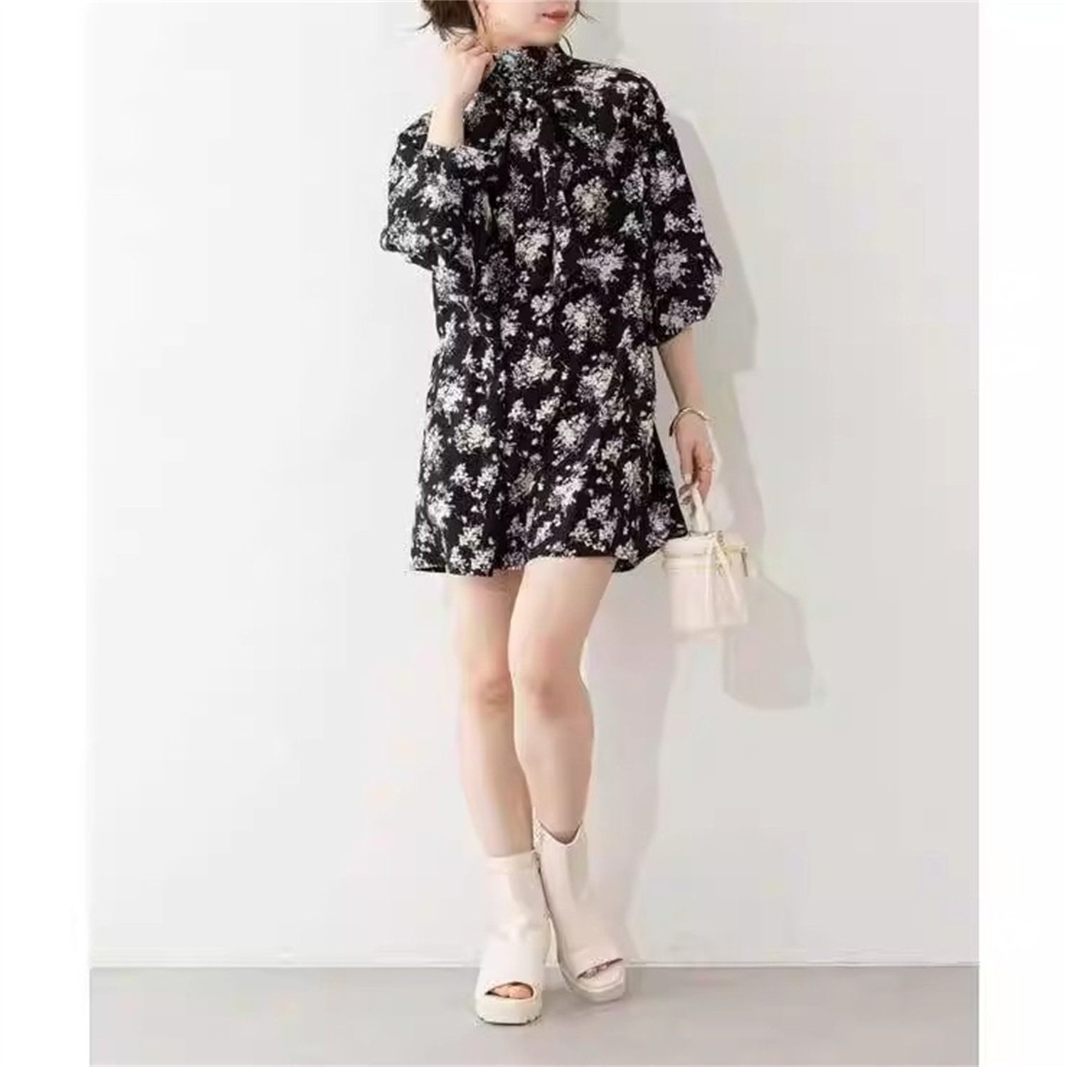 FH1-3日本原单新品甜美印花七分袖中长款碎花衬衫连衣裙裙