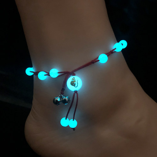 铃铛夜光脚链本命年红绳手工编织