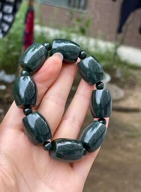 新货天然和田青玉大滚珠手链大气男士手串尺寸18x22mm送证书正宗