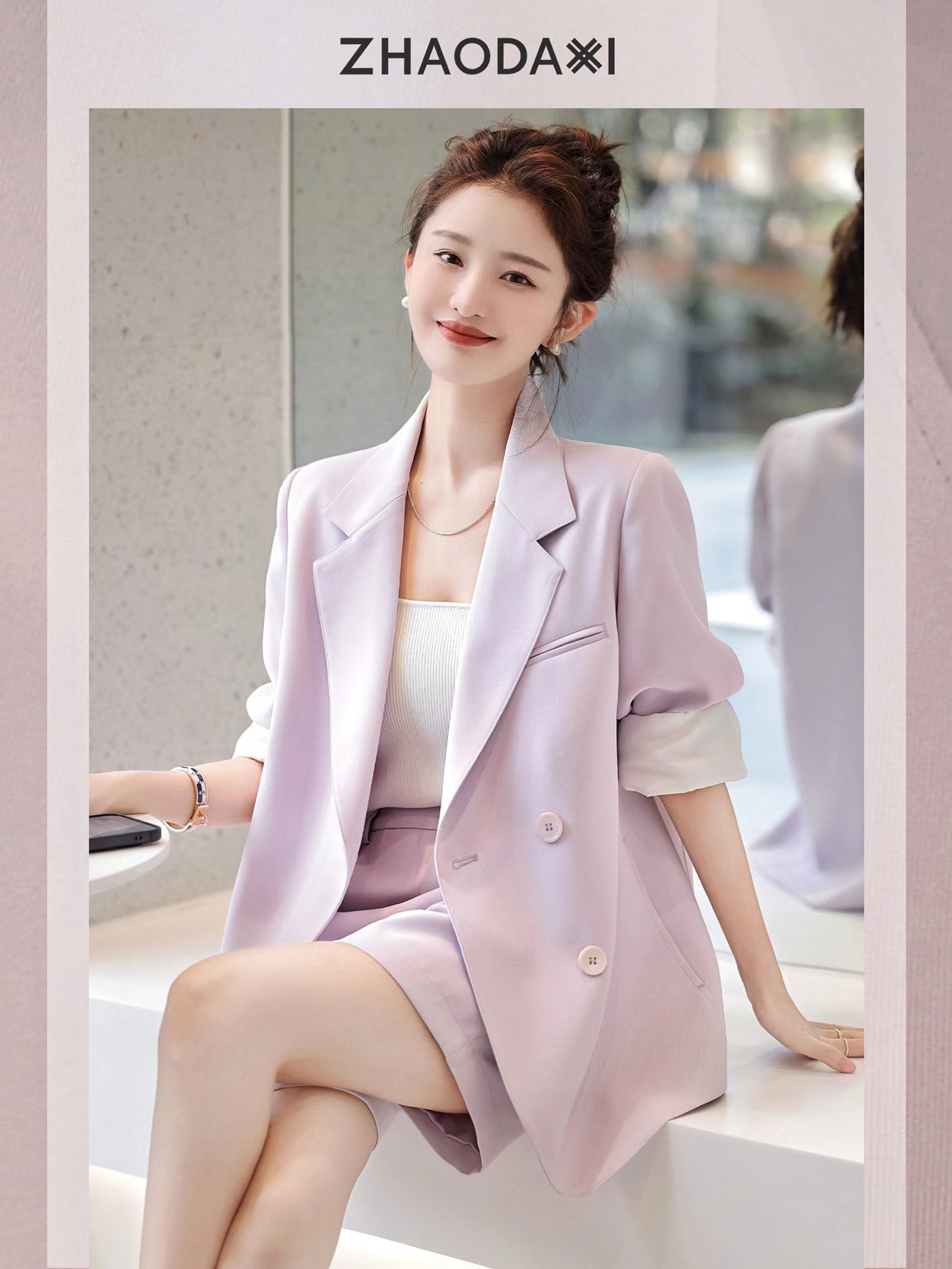 DAXI 집에서 만든 [준비 재고] 얼음과 눈의 아름다움 정장 ? 레트로 재킷 하이 웨이스트 반바지 여성을위한 새로운 패션 정장