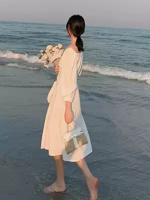 Spot flash hair big joy homemade spring new female retro square collar waist lace-up dress comfortable thin skirt