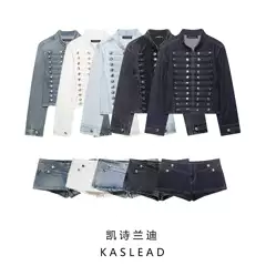 KASLEAD New Women's Fashion Denim Jacket and Low-Rise Shorts Set 0695074
