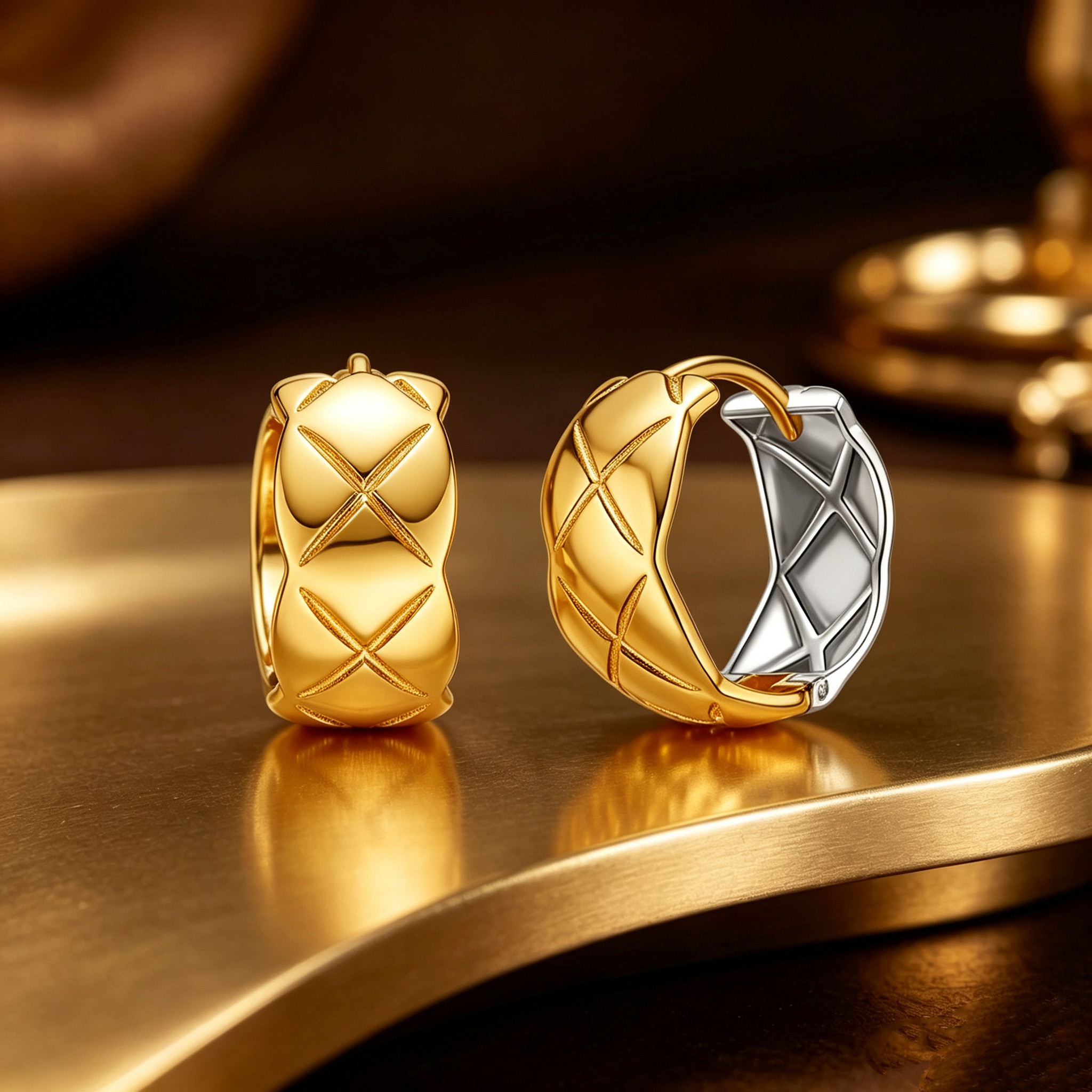 Meluxe美奈18K金耳饰菱格小香风简约时尚高级耳环女真金au750耳扣