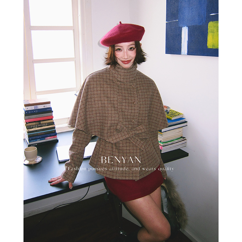 Xu集合BENYAN本言【40%羊毛美拉德复古格纹斗篷式毛呢大衣外套女