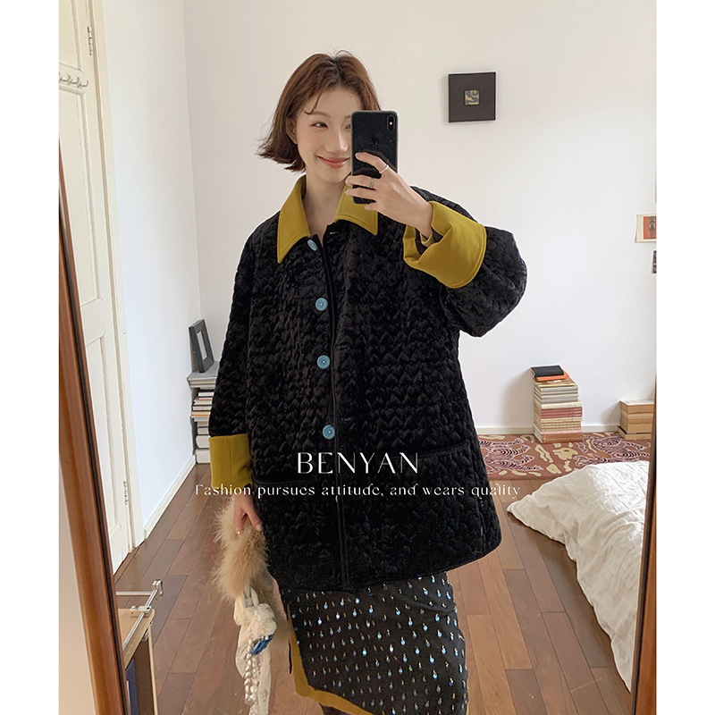 Xu集合BENYAN本言法式慵懒风丝绒外套加厚夹棉撞色拼接大衣风衣女