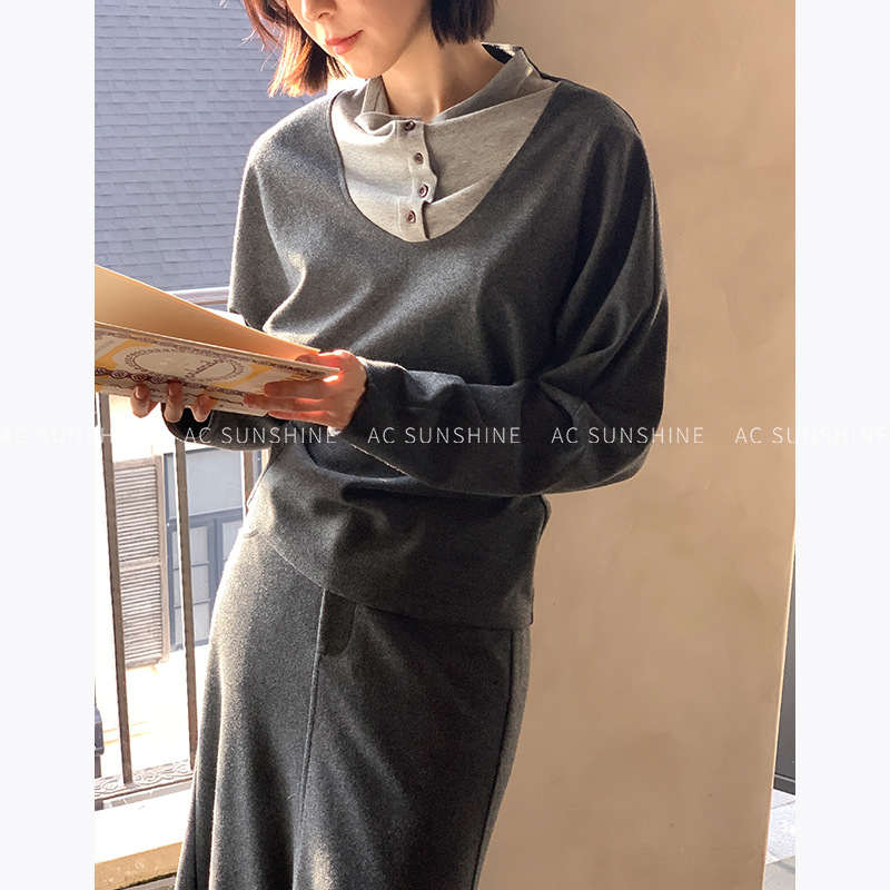 Xu集合ACSunshine秋冬叠穿打底衫女时髦撞色显瘦羊毛荡领针织上衣