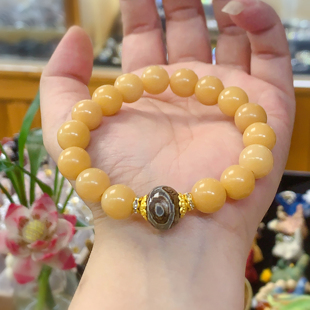 天然老白玉菩提手串三眼天珠单圈手链男女盘玩文玩饰品