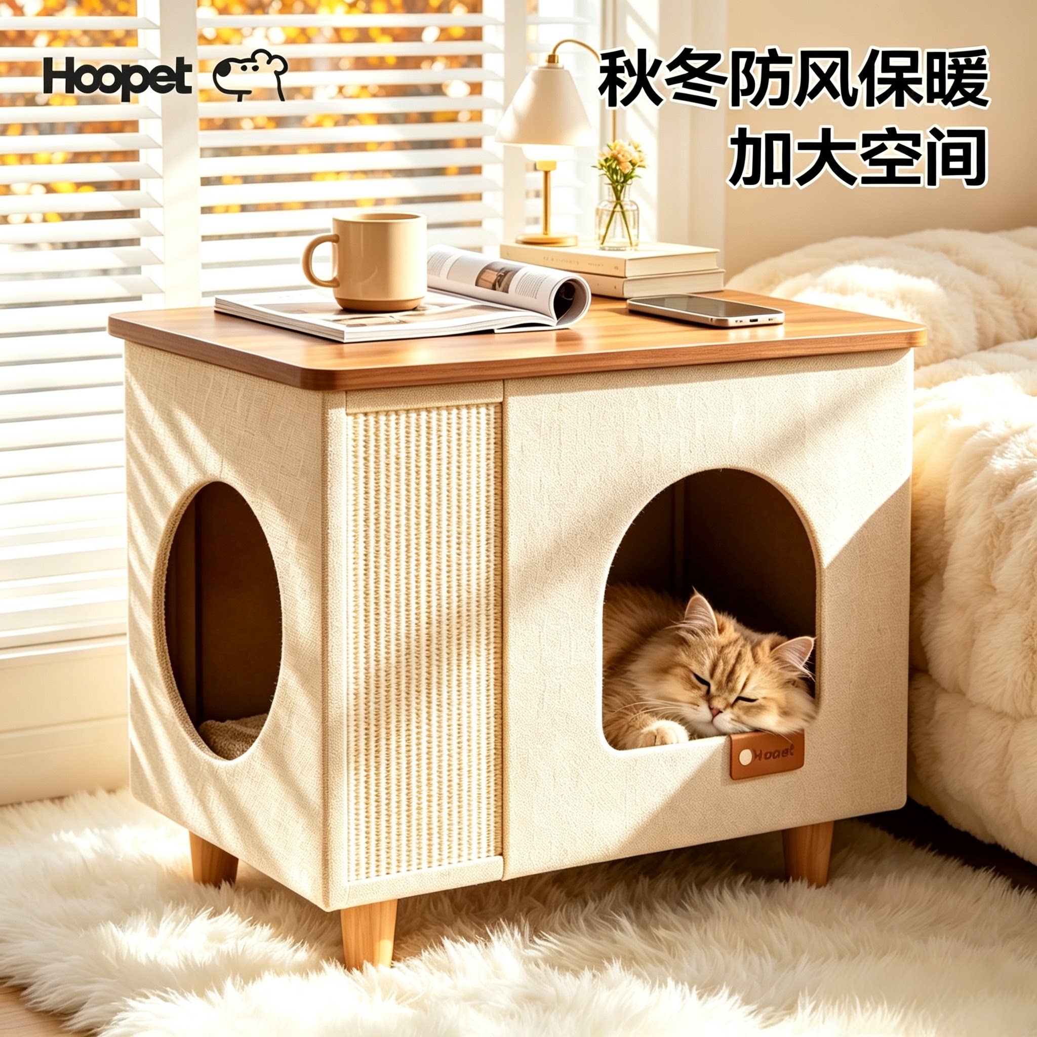 Hoopet茶几猫窝猫爬架一体床头柜耐磨猫抓剑麻冬季保暖猫咪屋家用
