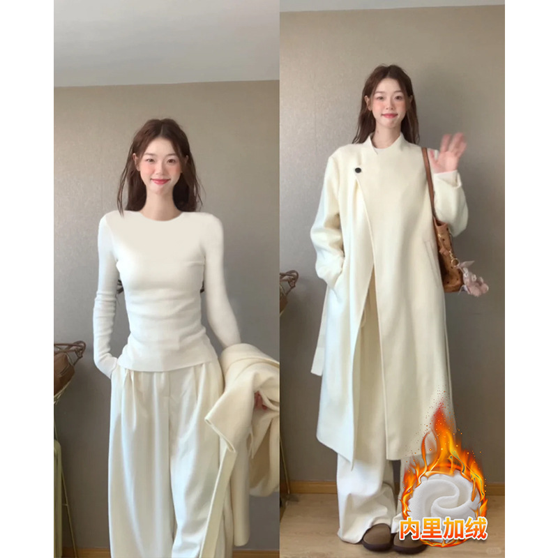 白色打底衫大衣内搭早秋冬季长袖t恤女修身上衣圆领紧身韩系穿搭