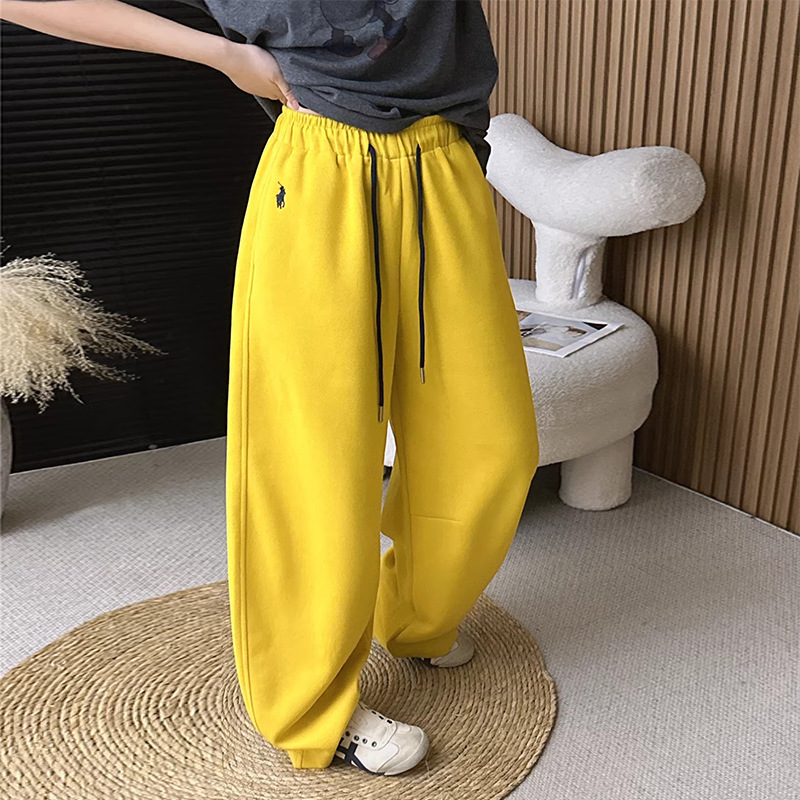 加绒加厚小马刺绣休闲裤女秋冬季2025新款高腰宽松显瘦百搭阔腿裤
