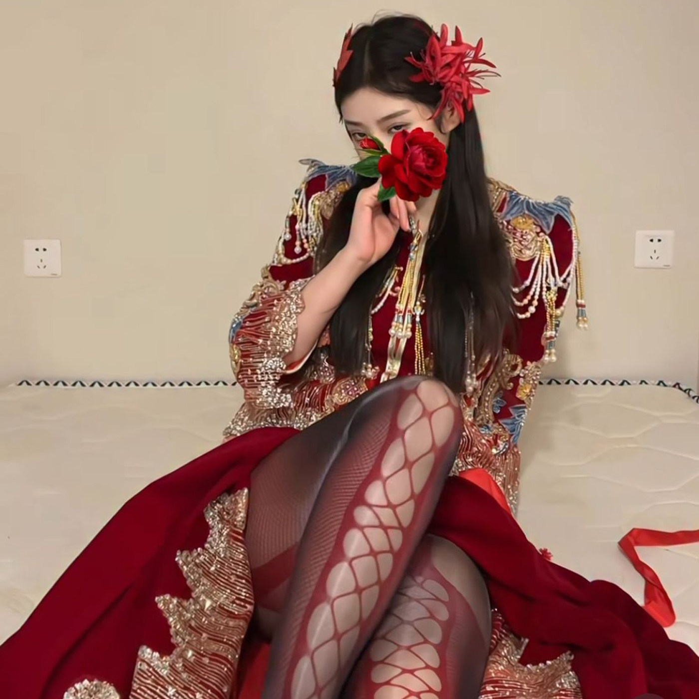 网纹连裤袜女新年战袍风格丝袜