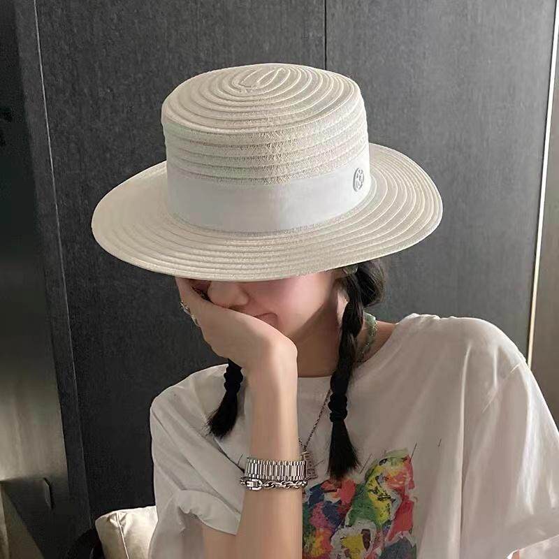 草帽法式平顶白色小礼帽女夏季旅游英伦风沙滩度假遮阳黑色草帽