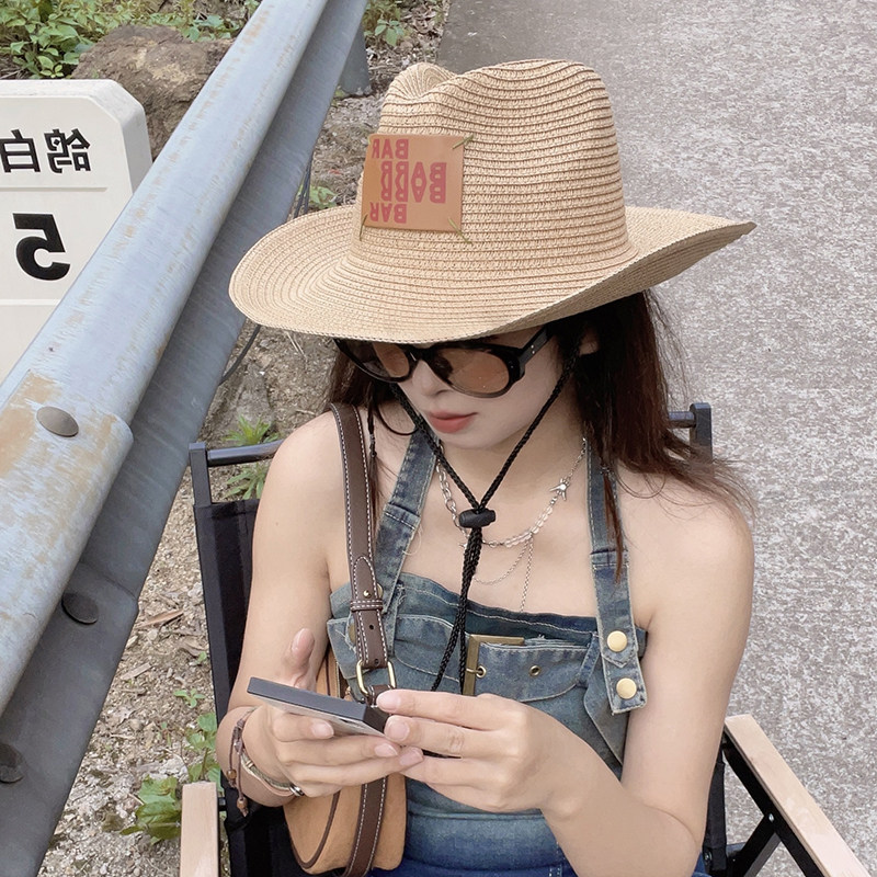 草编西部牛仔帽男女贴布字母露营登山帽辣妹休闲遮阳防晒帽子潮流