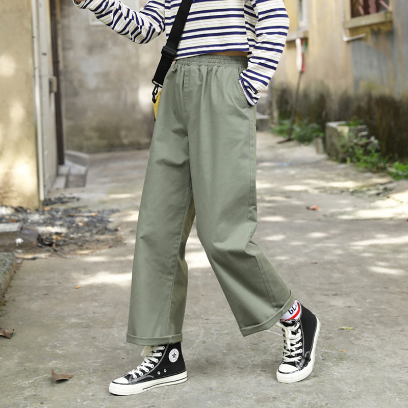 以田宽松松紧腰阔腿九分工装裤