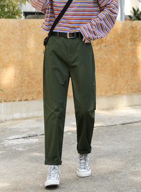 军绿色裤子女宽松直筒工装裤秋冬小个子休闲哈伦萝卜2025新款九分