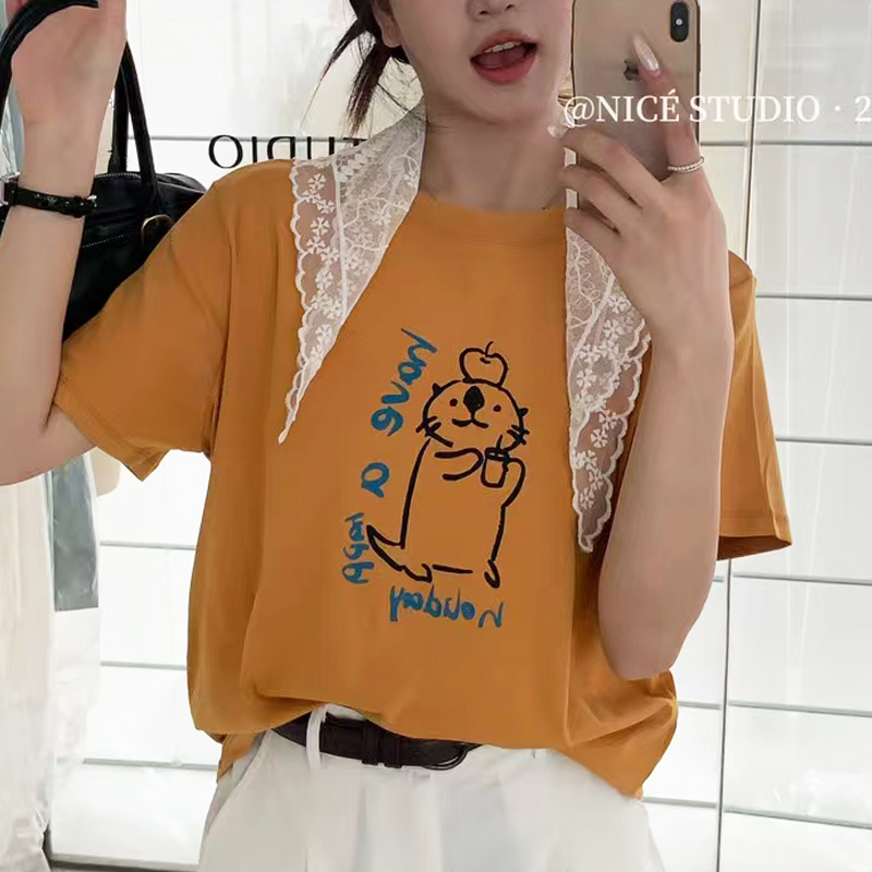 桔色t恤女夏宽松短袖2025新款圆领打底体恤衫小个子动物印花上衣