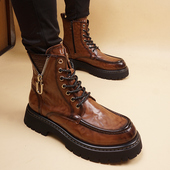 中帮英伦短靴男士 秋冬季 新款 潮流真皮透气马丁靴厚底内增高皮靴子