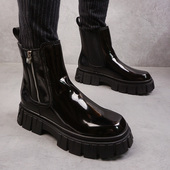 皮靴子 漆光亮皮中帮帅气马丁英伦短靴男厚底内增高男士 秋冬季 新款