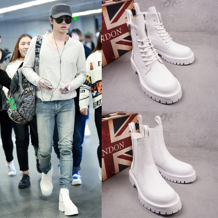 新款小白春秋高帮帅气烟筒切尔西马丁短靴男士皮靴子厚底增高8cm