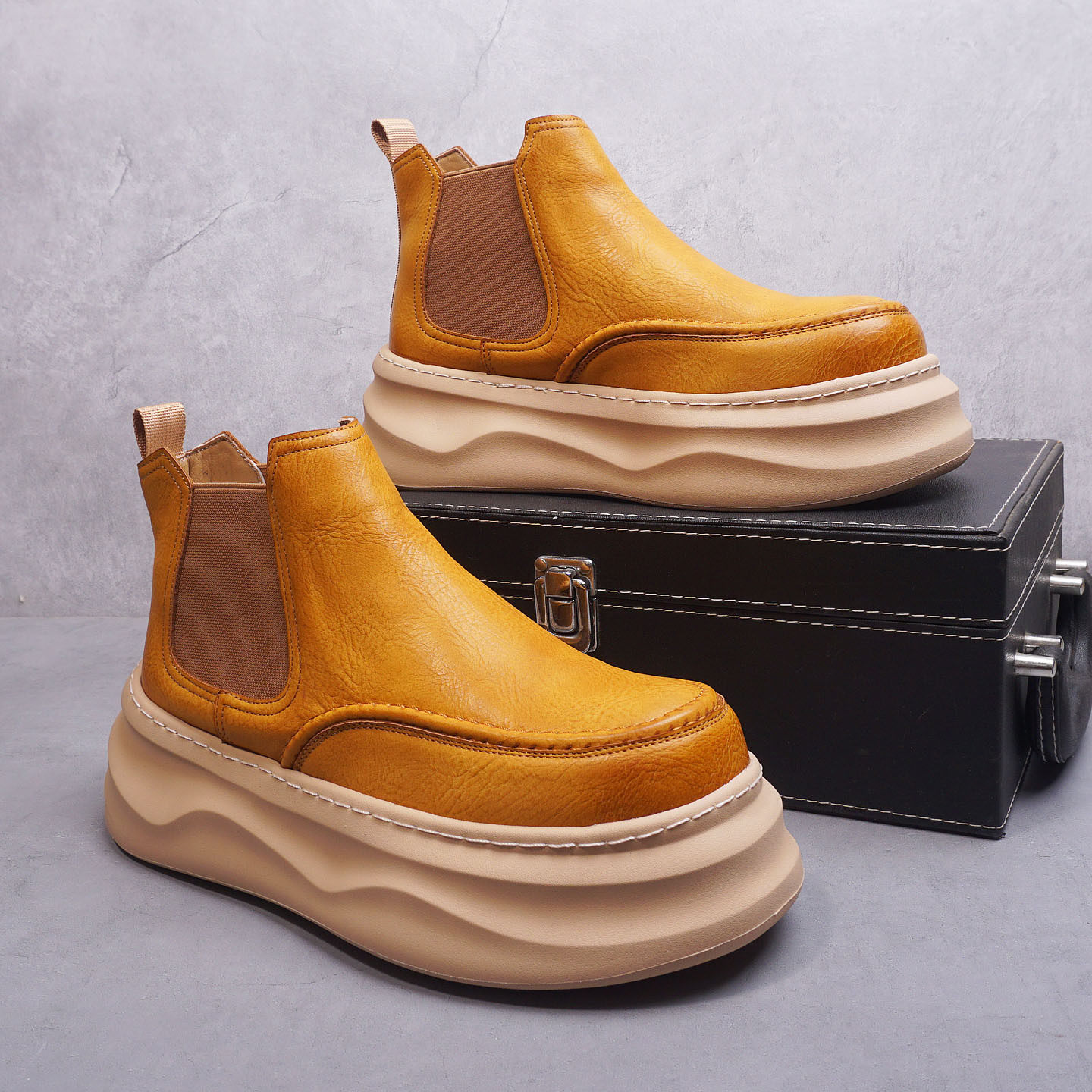 厚底切尔西靴潮牌高帮皮面增高休闲男靴一脚登保暖马丁靴时尚潮靴