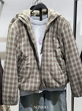 柜549！秋冬款男装学院风格纹夹棉连帽休闲宽松夹克外套 8281/460