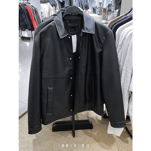 ZA欧美简约翻领修身皮衣